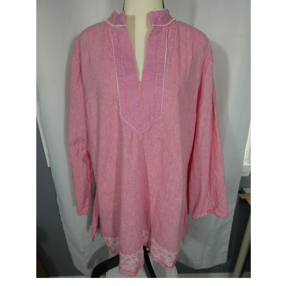 DG2 By Diane Gilman Large Pink Tunic Embroidery Hem V-Neckline Peasant Boho